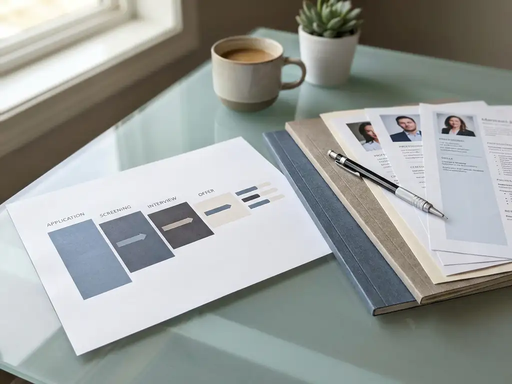 Wervingsdashboard met kandidatenportfolio op glazen bureau, verlicht door zacht kantoorlicht in leisteen blauw en wit.
