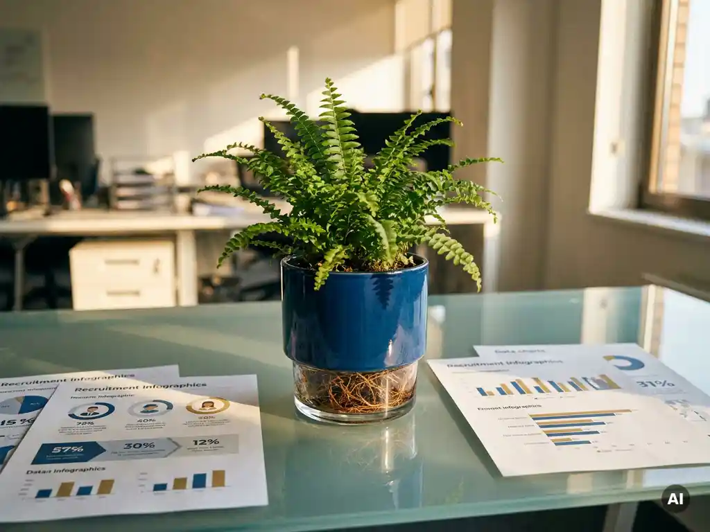 Weelderige groene plant in blauwe pot op glazen bureau met zichtbare wortels, omringd door recruitmentdashboards in warm goudkleurig kantoorlicht.