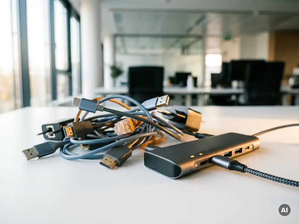 Verward kluwen losse kabels en connectoren op wit bureau, één kabel aangesloten op centrale hub voor overzicht.