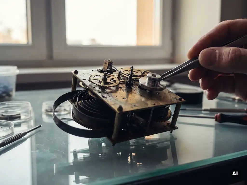 Versleten messing tandwielen van een klokmechanisme in demontage op glazen bureau, met één glanzend modern onderdeel geplaatst in het uurwerk.