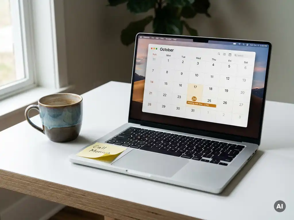Laptop op wit bureau toont kalender met gemarkeerde afspraak, sticky note en koud kopje koffie in zacht natuurlijk licht.