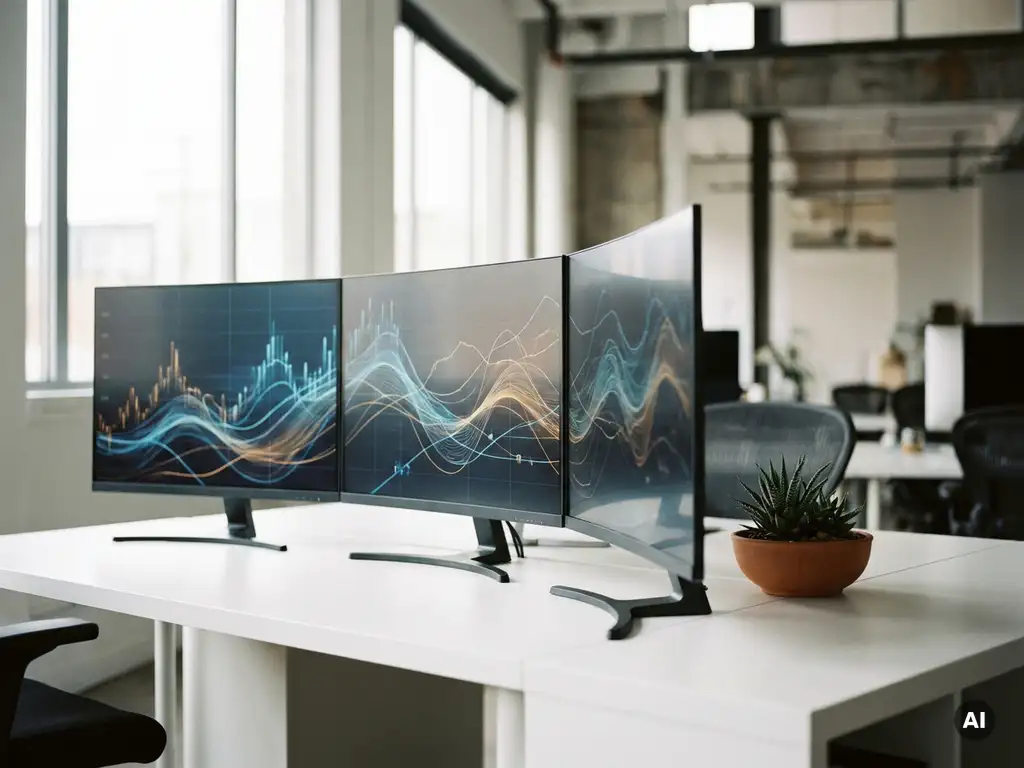Drie monitoren in een boogopstelling op een minimalistisch wit bureau tonen gesynchroniseerde data in een modern kantoor met grote ramen.