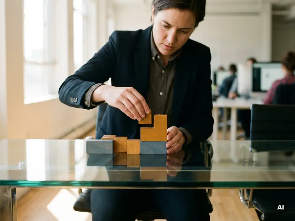 Professional rangschikt oplopende modulaire bouwblokken op glazen vergadertafel in modern tech-kantoor met warm zijlicht.