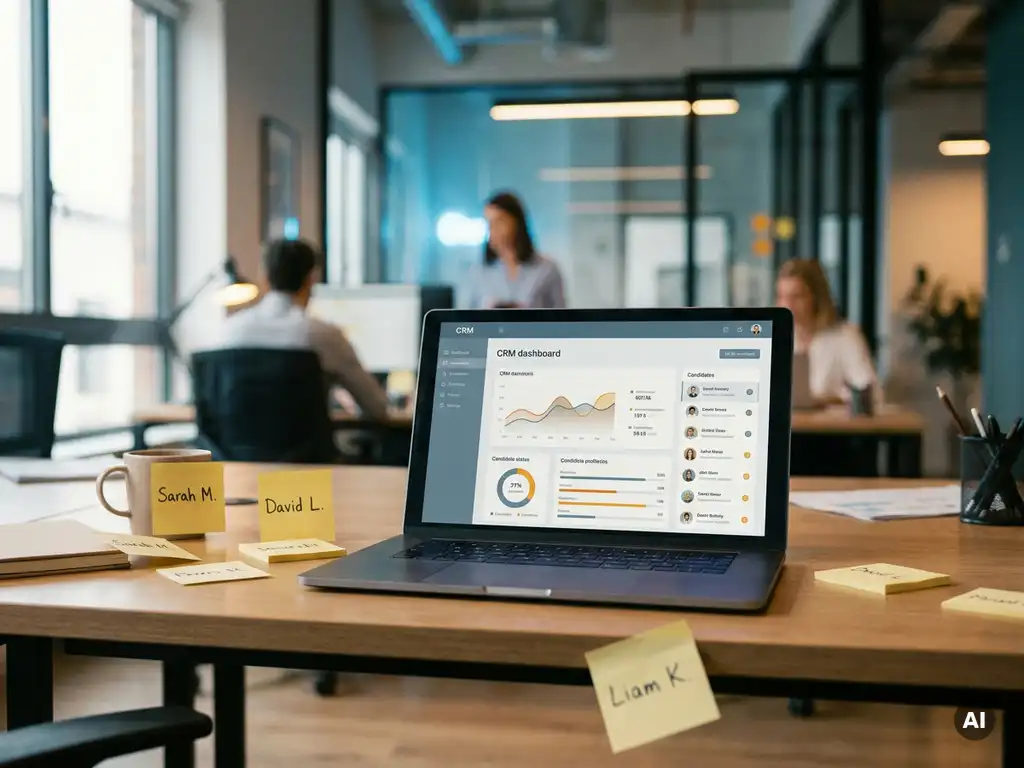 Recruitmentbureau bureau met laptop waarop een CRM-dashboard zichtbaar is, omringd door sticky notes met kandidaatnamen in modern kantoor.