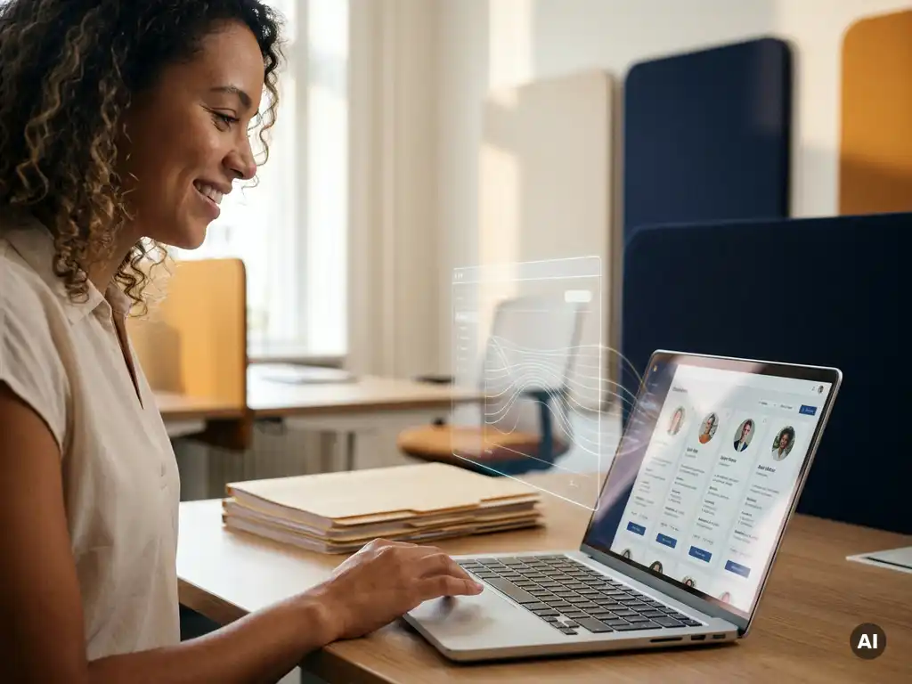 Recruitmentconsultant bekijkt kandidaatprofielen op laptop in modern ingericht uitzendbureau met warm natuurlijk zijlicht.