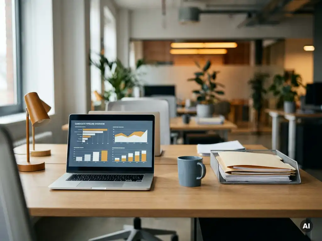 Recruitmentprofessional aan opgeruimd bureau met laptop met kandidatenpijplijn, minimale inbak en modern kantoor op achtergrond.