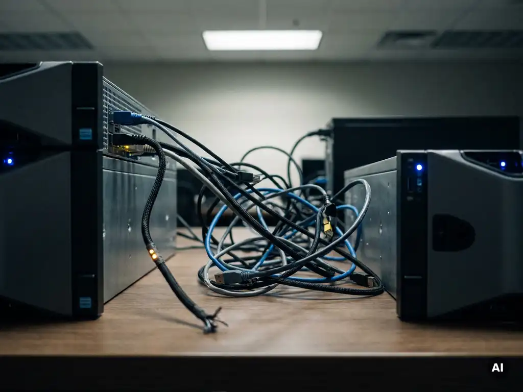 Verward kluwen van niet-passende kabels en connectoren tussen twee moderne servers op een kantoorbureau, met een loshangende kabel.